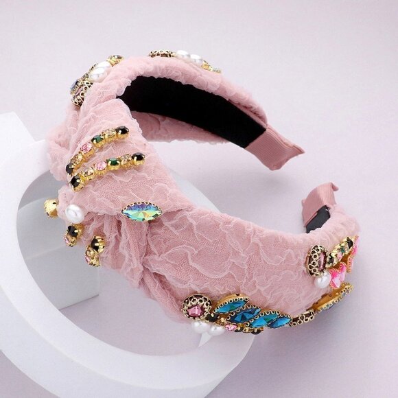 NEW Pink Lace Multi Stone Pearl Knot Embellished Headband